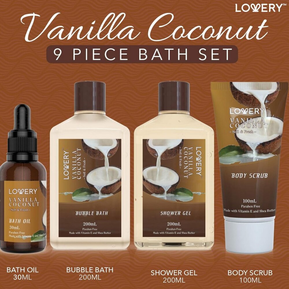 NWT ~ Lovery's 9 Piece Vanilla & Coconut Spa Gift Basket - Picture 2 of 12